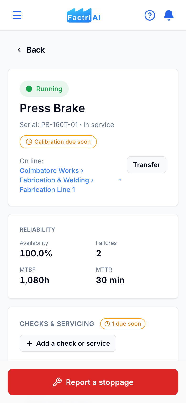 The Press Brake machine page in Factri Uptime on a phone, with a red Report a stoppage button
