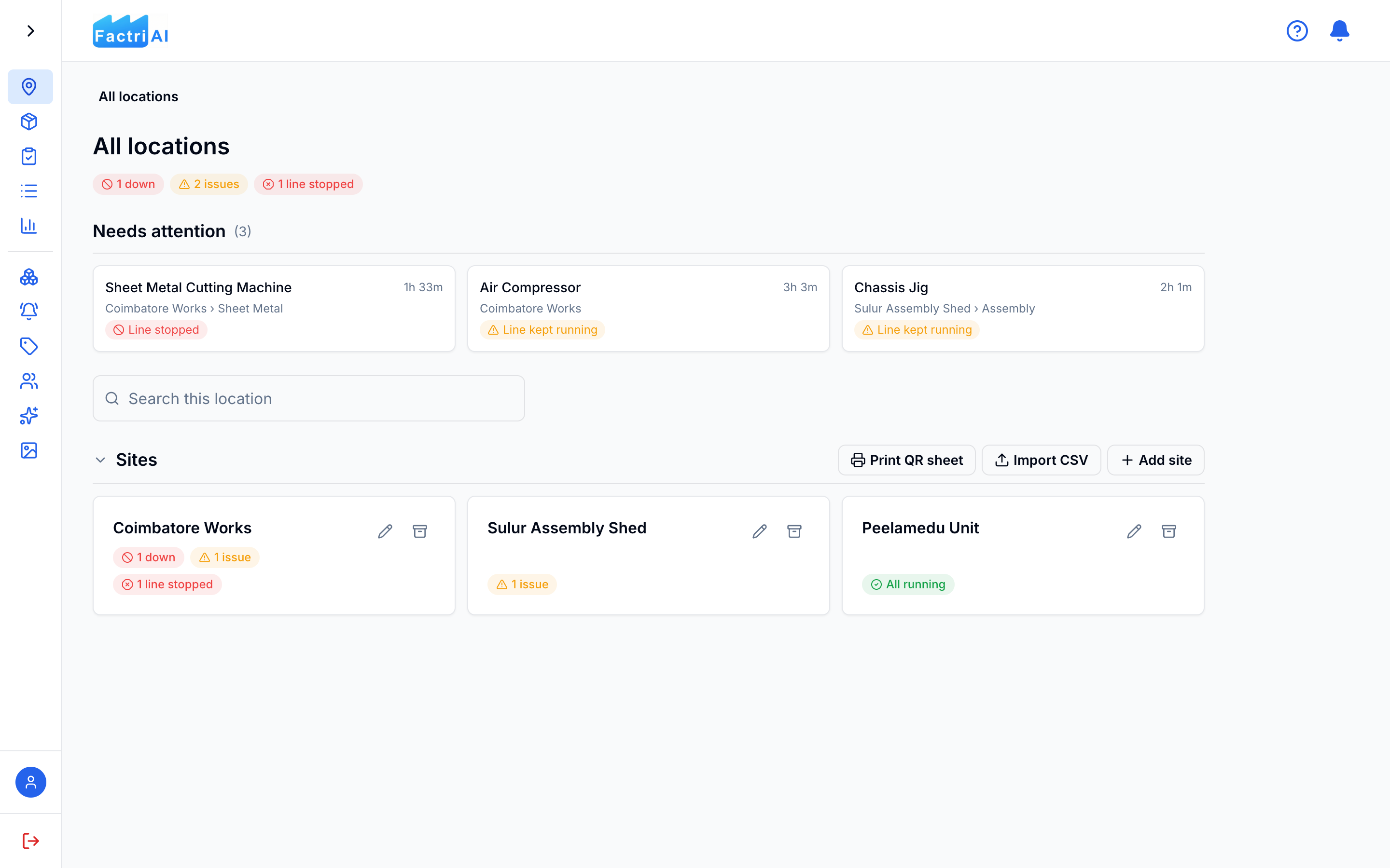 The Factri Uptime locations screen. Three machines that need attention are at the top with how long each has been down, across three sites listed below. Buttons for Print QR sheet and Import CSV are on the right.
