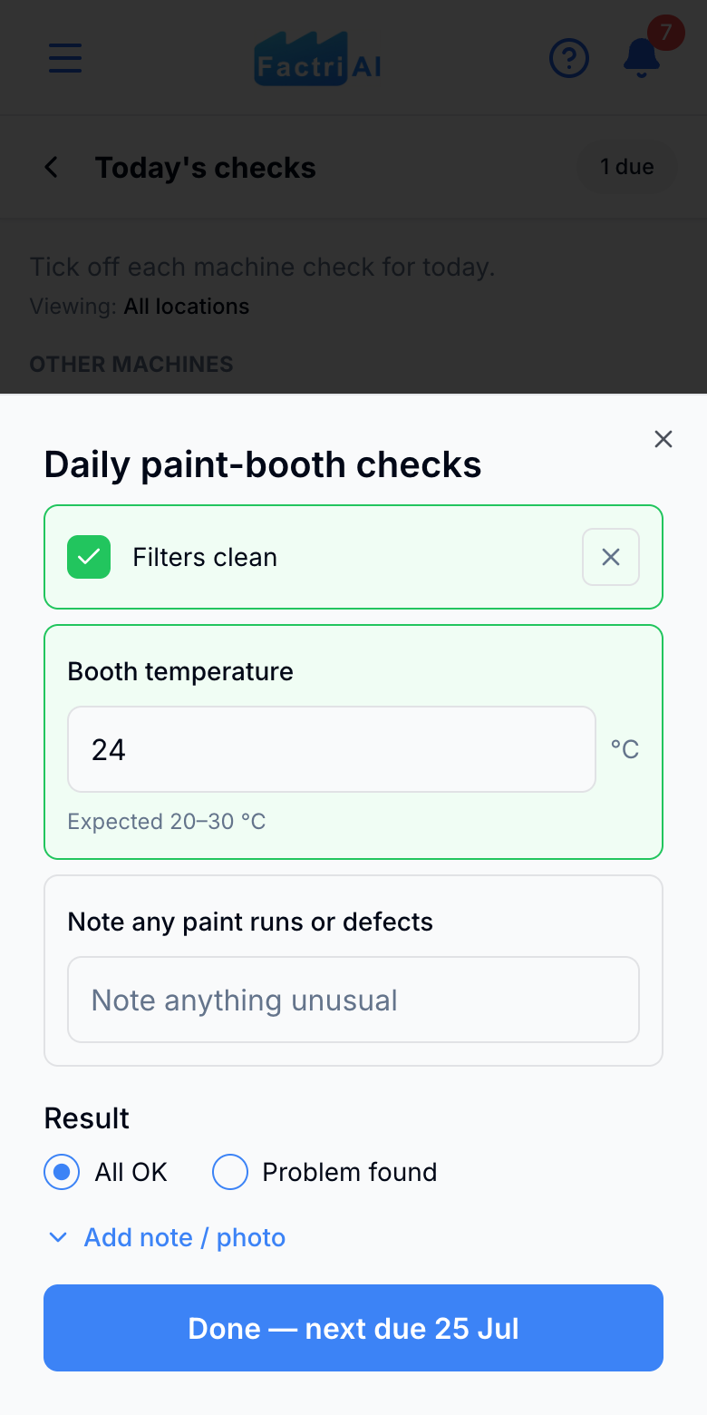 A daily paint-booth check being filled in on a phone in Factri Uptime. Filters clean is ticked, the booth temperature reading is 24 degrees, the result is set to All OK, and a Done button waits at the bottom.